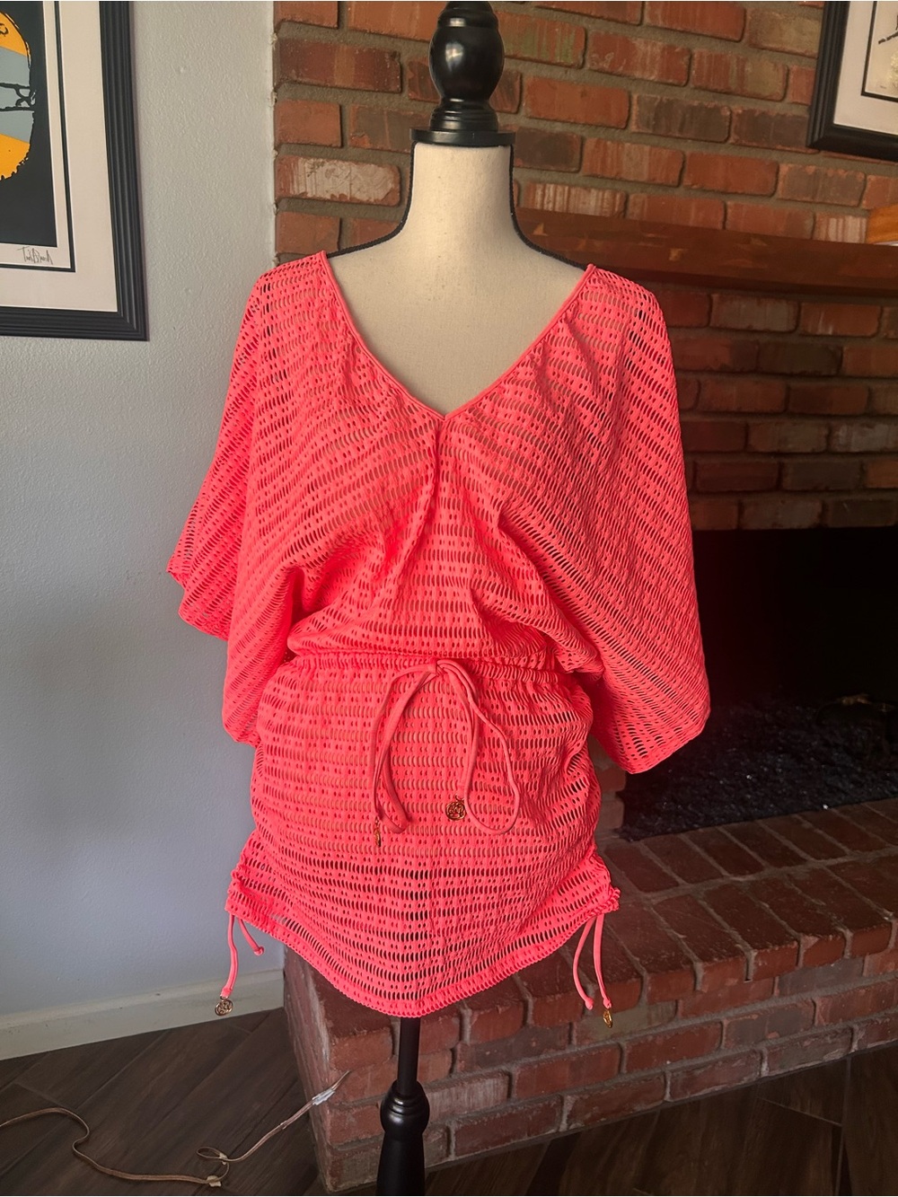 Luli Fama Mesh Cinched Cover Up Dress in Neon Pink/Orange Sz S